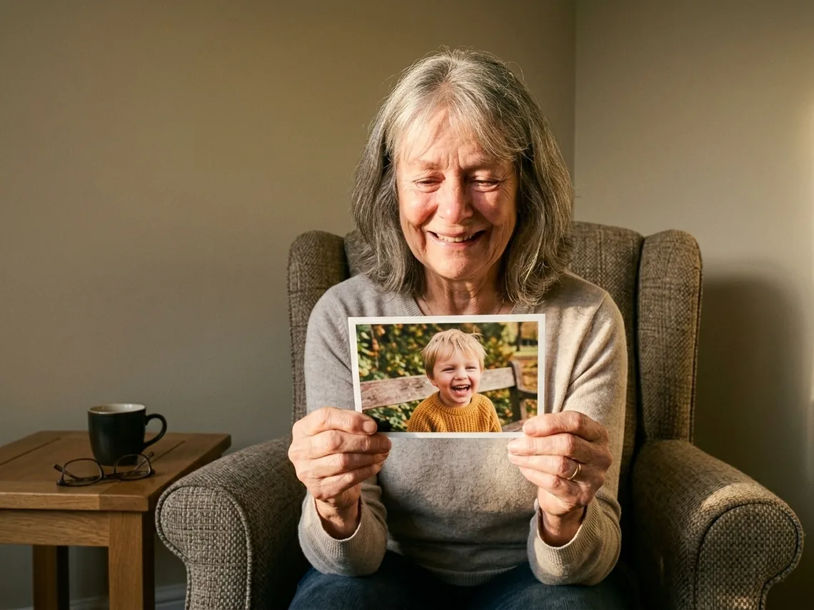 A grandmother sits in an armchair, smiling as she holds the printed postcard showing that same photo of her grandson.